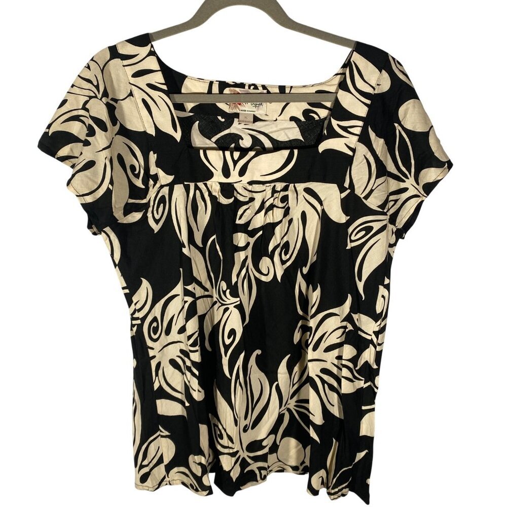 Hilo Hattie Hawaiian Original Womens square neck Top XL Black & Beige Floral Ray